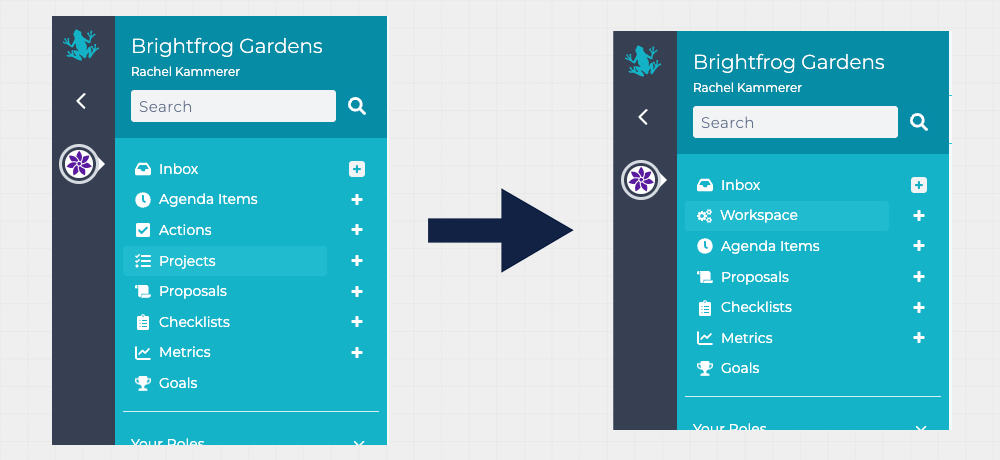 Navigation showing Workspace